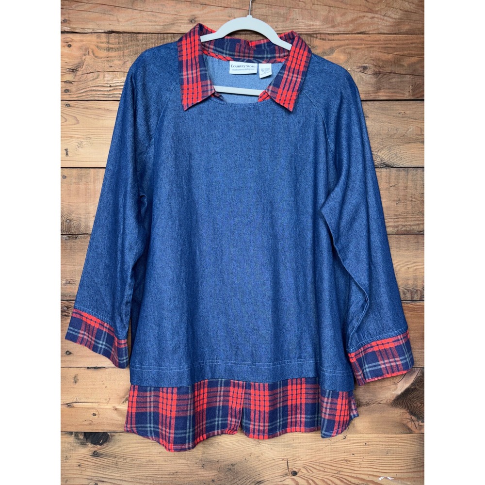 Country Store Denim Tunic Womens XL Plaid Trim Cotton Long Sleeve Pullover